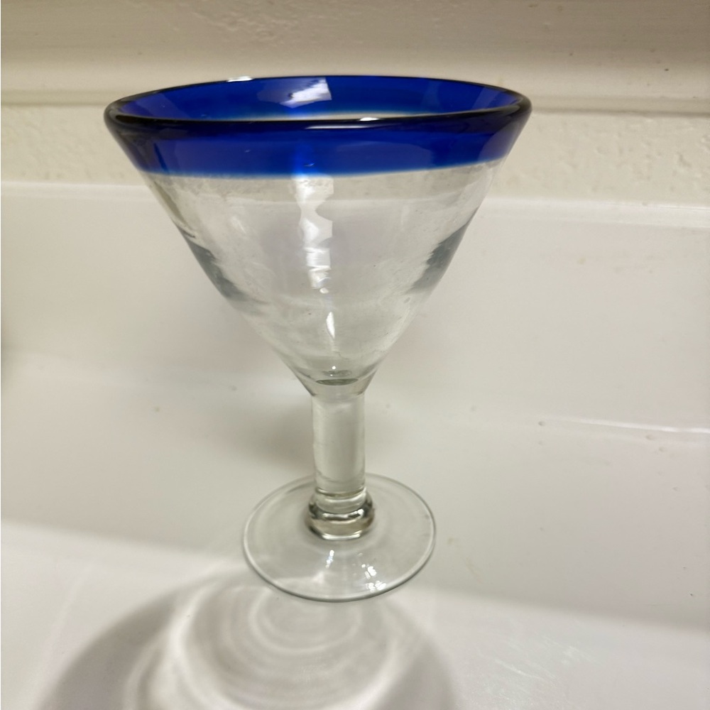 Hand blown cobalt blue rim Mexican martini glass stemware barware